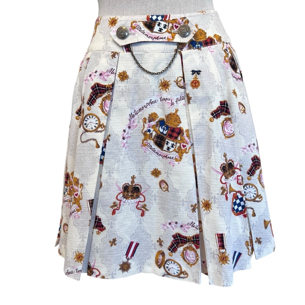 Metamorphose Temps de Fille Pleated Wrap Heraldic Print Japanese Skirt Size Med
